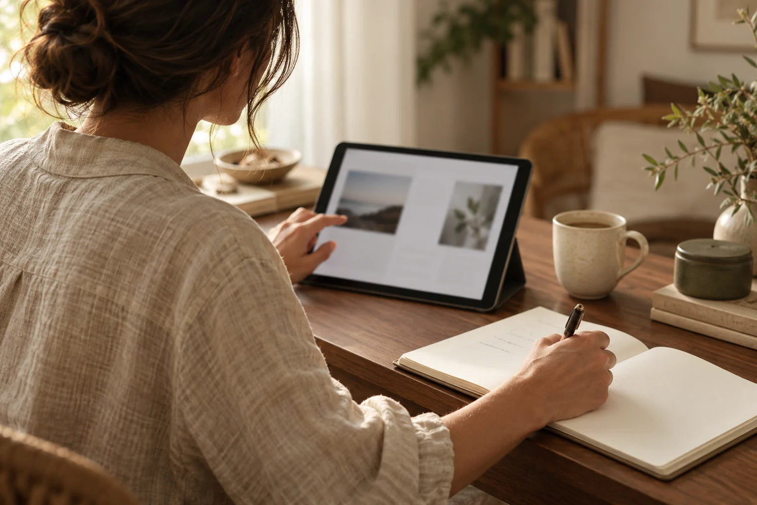 Following a digital guide while making notes at a desk