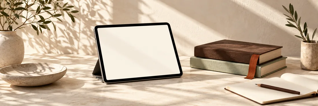 A tablet, cloth-bound books and reading notes in warm morning light