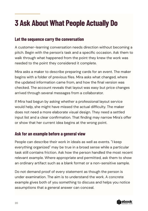 Start Small Build Something Useful: Complete customer-task conversation example distinguishes an actual sequence from pitching a proposed service.