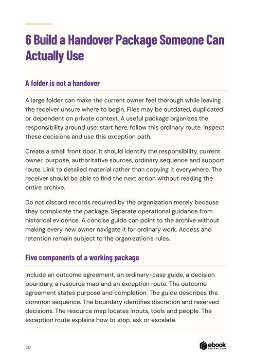 The Work You Can Hand Over: The working handover package is explained through a usable front door and five specific components.