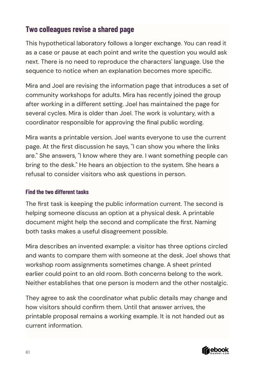 Worked example: two colleagues revise a workshop information page