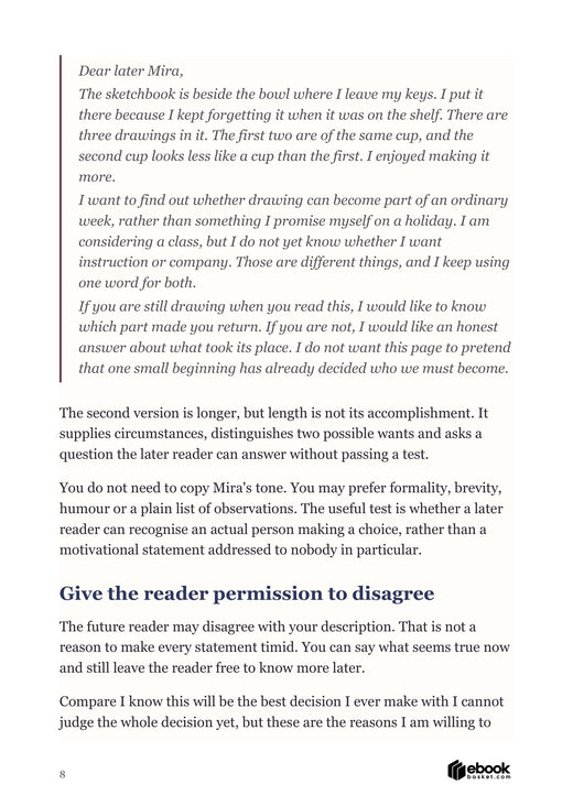 A Letter to Your Future: actual page8, Mira’s model-letter excerpt and revision commentary.