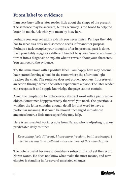 A Letter to Your Future: actual interior page 11. The label-to-evidence lesson demonstrates how to replace vague language with a particular scene.