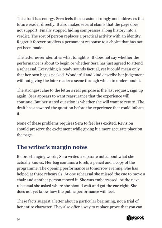 A Letter to Your Future: actual interior page 50. Worked revision commentary identifies unsupported claims in a draft rather than offering generic prompts.
