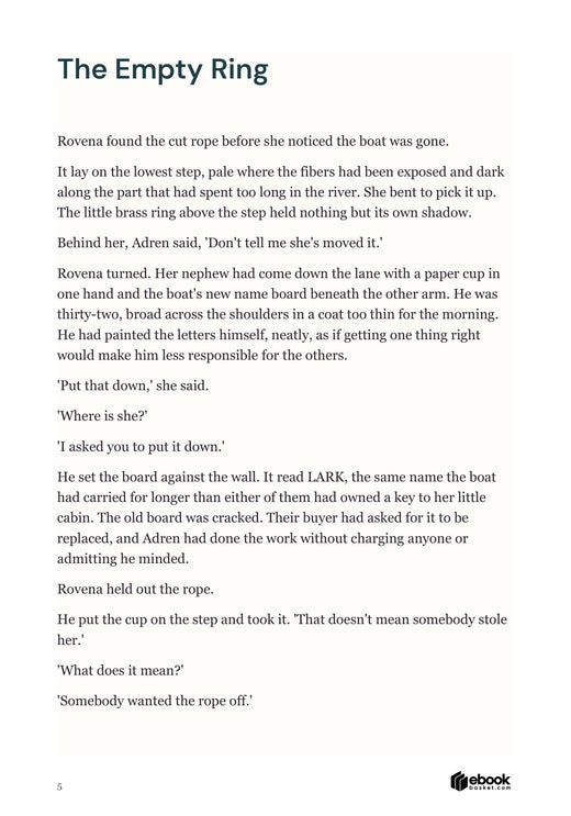 Three Streams, One River: actual interior page 5, Opening missing-boat scene establishes the practical stakes and a distinctive narrative voice.