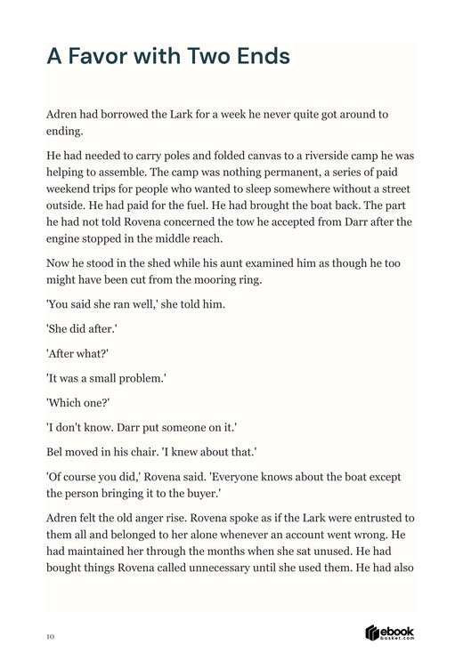 Three Streams, One River: actual interior page 10, An early family disagreement gives a substantive dialogue sample without revealing the resolution.