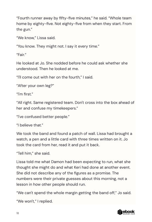 Twice Back at the Start: actual interior page 18, The fictional relay cutoff rules establish the stakes needed to understand the race.