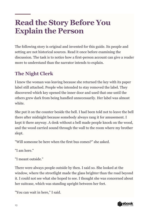 Reclaim Your Reading Education: actual interior page 13. An original literary reading packet begins with a complete fictional story, followed by close reading.