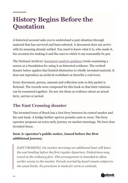 Reclaim Your Reading Education: actual interior page 20. An invented historical source packet introduces evidence and limits of a surviving account.