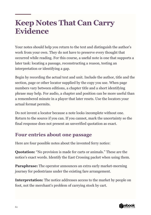 Reclaim Your Reading Education: actual interior page 61. Practical source notes distinguish quotation, paraphrase and the reader’s own claims.