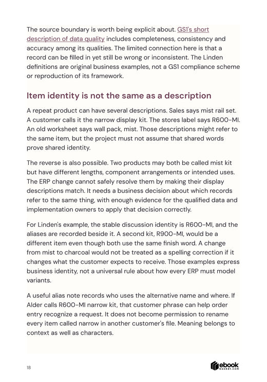 People, Places and Processes: actual page18, item identity versus description and customer aliases.