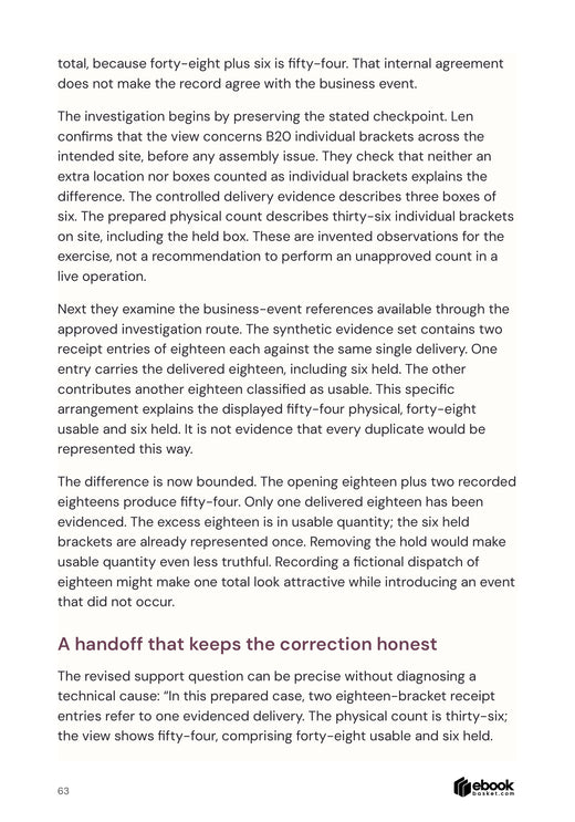 People, Places and Processes: actual interior page 63. A worked support investigation distinguishes a duplicate receipt from a correct differently scoped view.