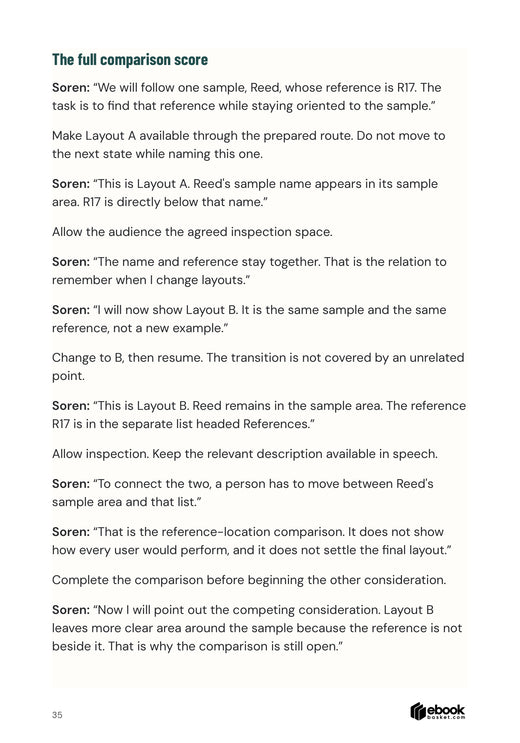 Spoken lines and action notes coordinate a layout comparison