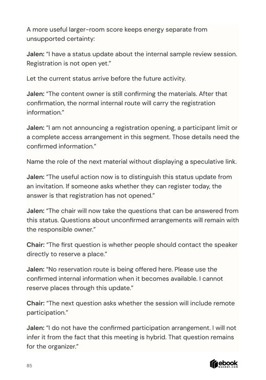A larger-meeting spoken update separates an announcement from an invitation