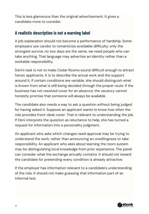 Actual interior page from Change Your Hiring Habits showing a realistic role description and candidate questions