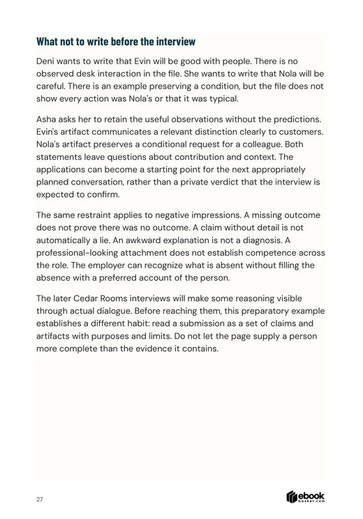 Actual interior page from Change Your Hiring Habits showing application statements, artifacts and limits of inference