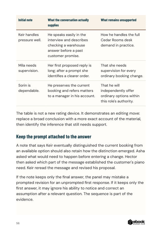 Actual interior page from Change Your Hiring Habits showing a table comparing candidate notes with actual conversation evidence