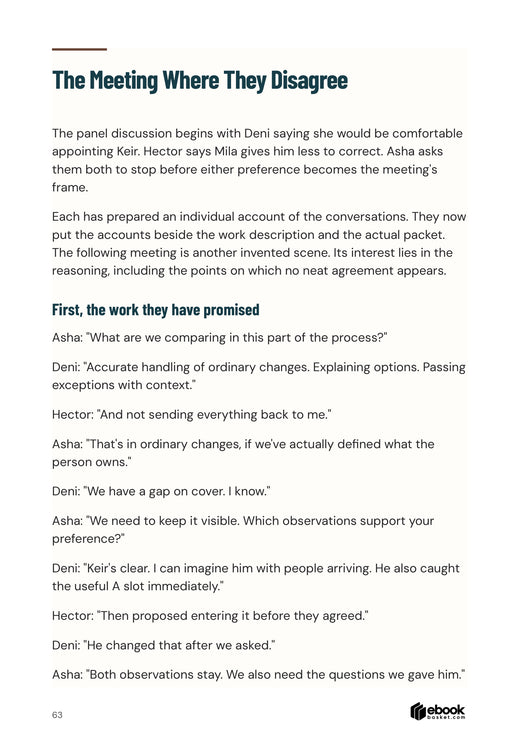 Actual interior page from Change Your Hiring Habits showing a practical hiring panel conversation