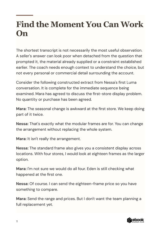 Actual page from The Revenue Coaching Practice showing a sales conversation and buyer correction used for coaching
