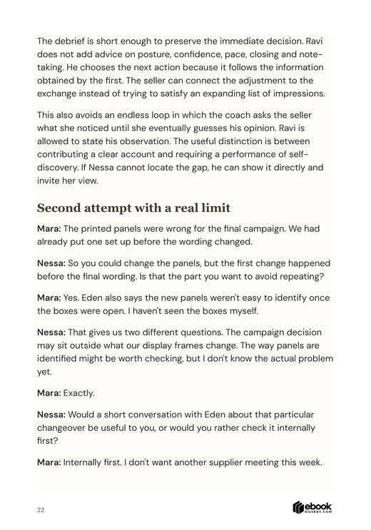 Actual page from The Revenue Coaching Practice showing coaching debrief and revised seller-buyer conversation