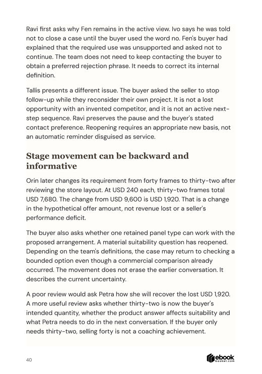 Actual page from The Revenue Coaching Practice showing sales scope change from forty to thirty-two frames with correct example arithmetic