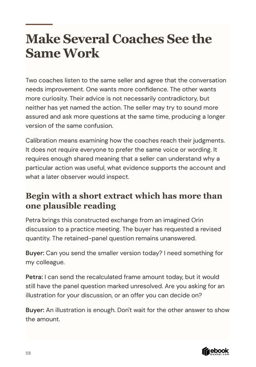 Actual page from The Revenue Coaching Practice showing a practical comparison for coaching observers