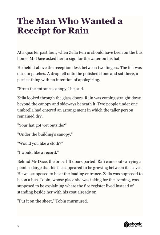Actual interior page 5 from The Downstairs Woman showing opening scene establishes the comic voice and concrete reception-desk problem.