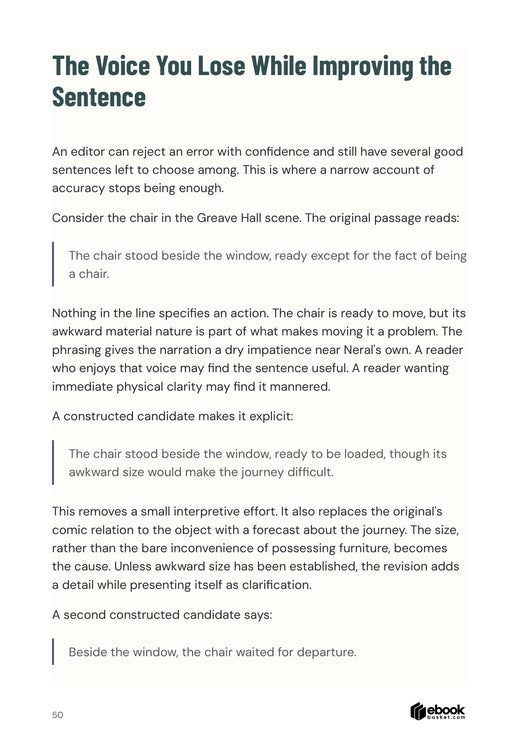Fiction sentence comparison showing how a clarity edit can change narrative voice