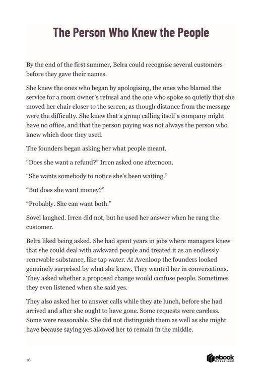 Fiction passage about Belra becoming the person who knows every room owner