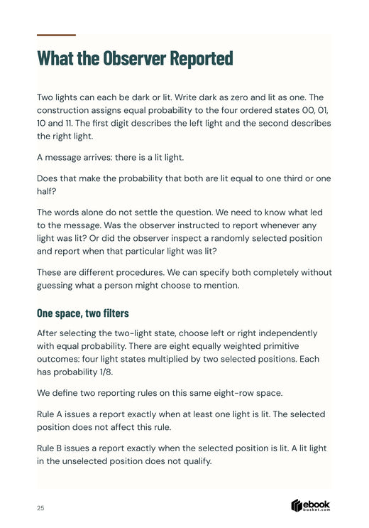 Two-light example defines all eight underlying outcomes and two distinct reporting rules