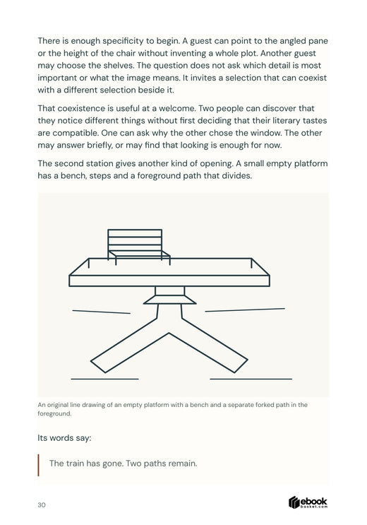 An original platform and forked-path drawing used as a reading-circle prompt