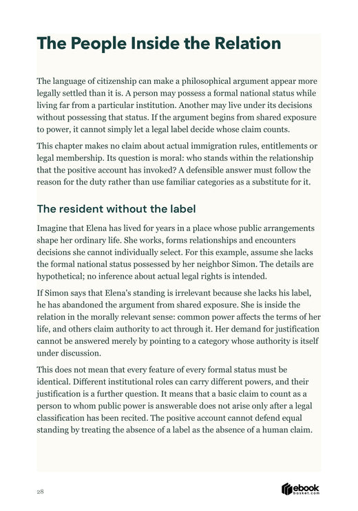 The People Inside the Relation introduces the hypothetical resident Elena and explains why a formal label does not exhaust the moral relation.