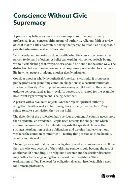 Conscience Without Civic Supremacy presents an invented spiritual-profession requirement and explains why common obligation need not require uniform profession.