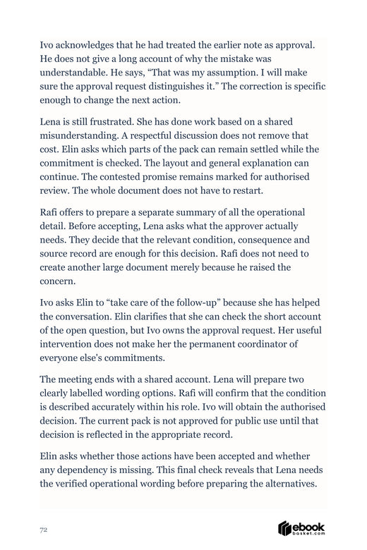 An invented team scene that applies attribution, clear commitments and responsible follow-up.
