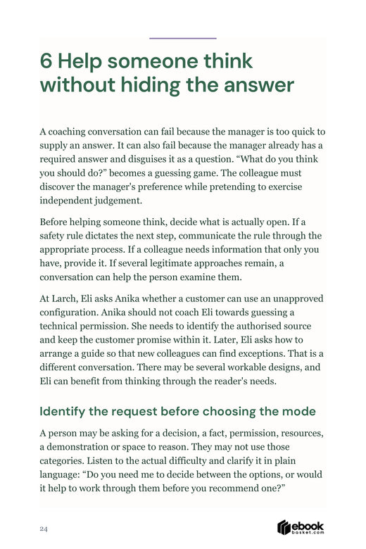 A page explaining when to give direction and when to help a colleague think