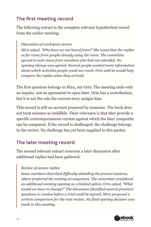 Two hypothetical committee meeting records showing different questions, separate speakers and no final decision in either meeting