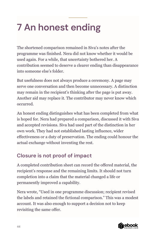 Chapter passage about ending a contribution honestly without asking the recipient to prove lifelong influence.