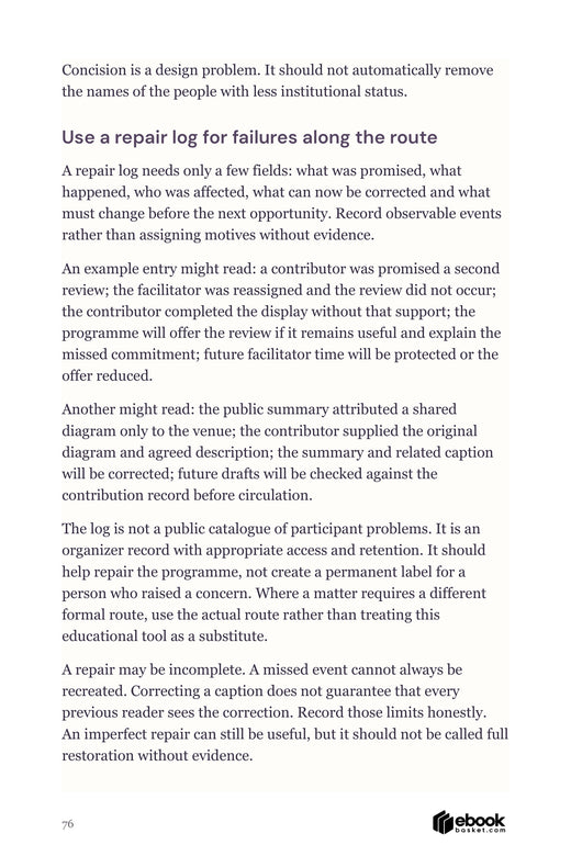 Who Shapes the World page76 showing a programme repair log and examples of missed support and inaccurate credit.