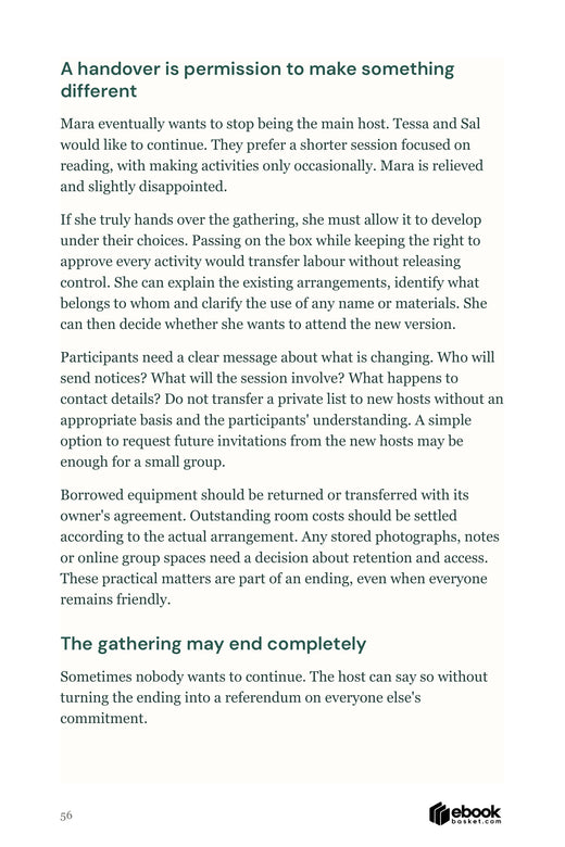 The Shared Vibe sample about handing a gathering to new hosts while clarifying materials, invitations and changing plans.
