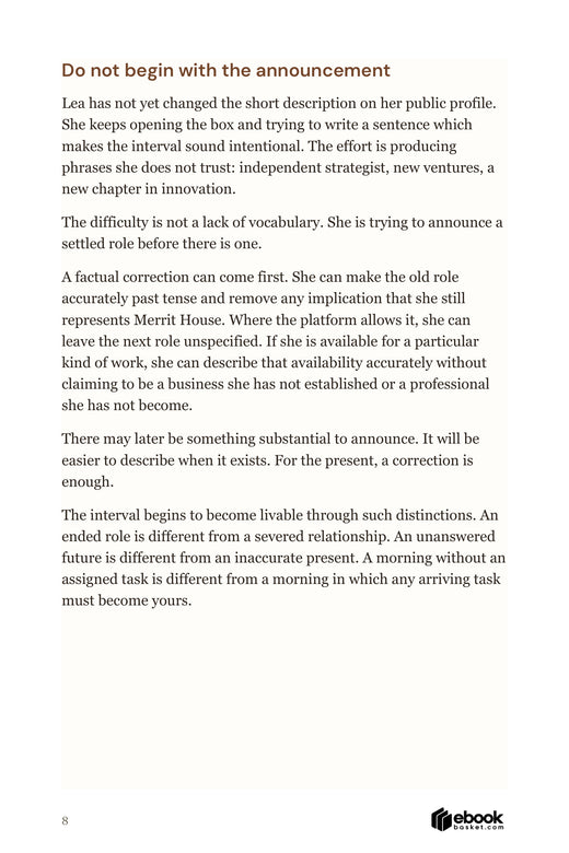 Interior page explaining how to make a former role accurately past tense and leave an unsettled next role unspecified.