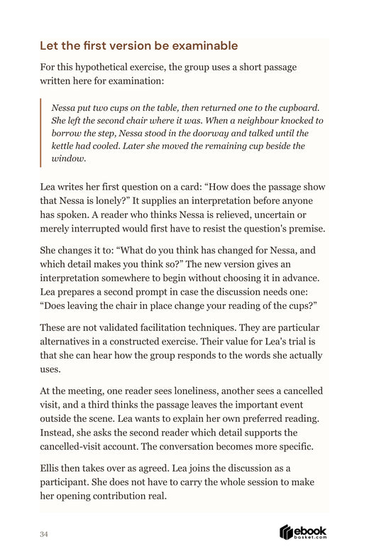 Interior worked example comparing two opening discussion questions about an original short passage and keeping a trial contribution bounded.