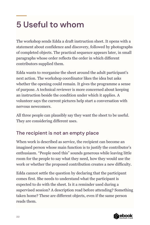 Interior page asking who benefits from a workshop instruction sheet and how it will be used.