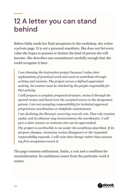 Interior page with a complete example letter defining a work commitment and its limits.