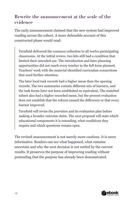 A New Reading System preview: a revised fictional literacy announcement distinguishes delivery, recorded results and unresolved causal claims.