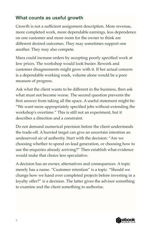 Interior page explaining how advisors turn a broad growth goal into a specific client decision.