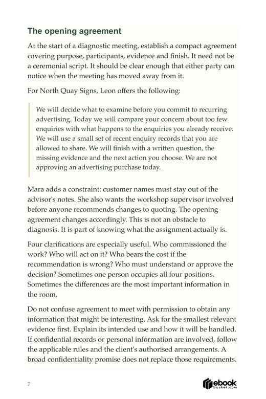 Sample page with a worked opening agreement for a business advisory conversation.