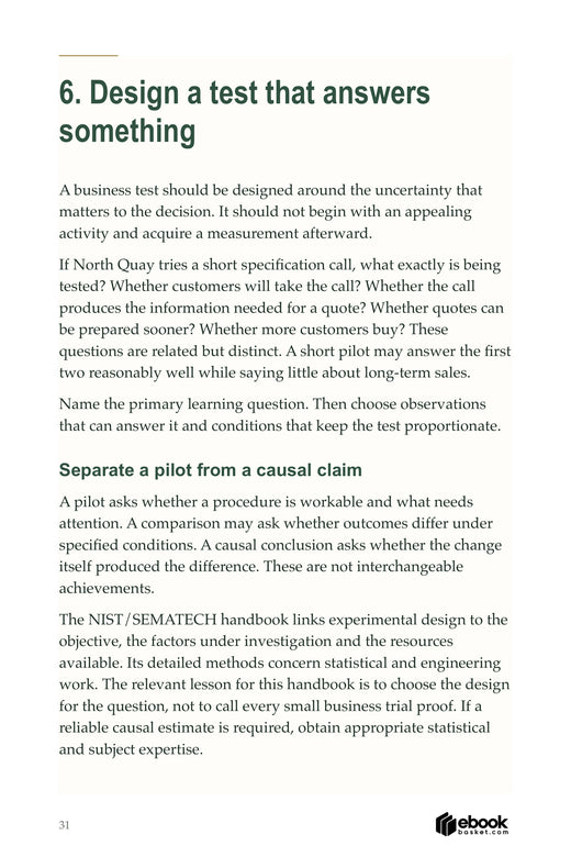 Sample chapter explaining how to design a useful business pilot without overstating what it proves.