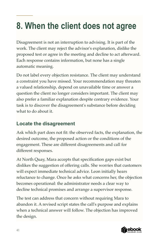 Interior page showing how an advisor works through a client objection and improves a proposed test.