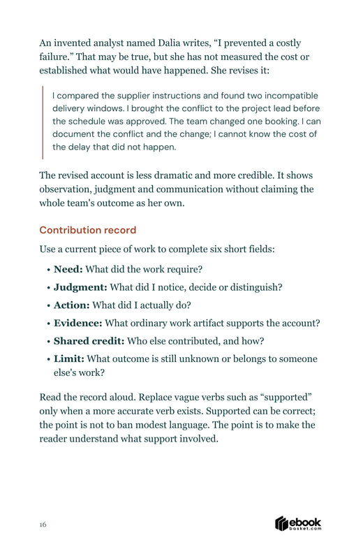 Leadership journal sample with a contribution rewrite and prompts for recording evidence and shared credit.