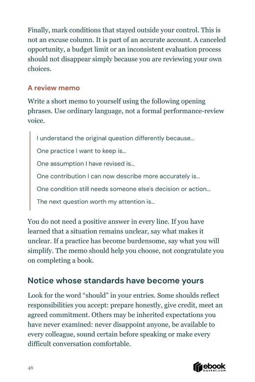 Leadership journal sample with review-memo prompts and an explanation of examining inherited expectations.